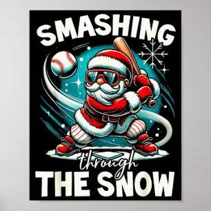 Affiche Joueur de baseball Noël Santa, Écrasant à travers