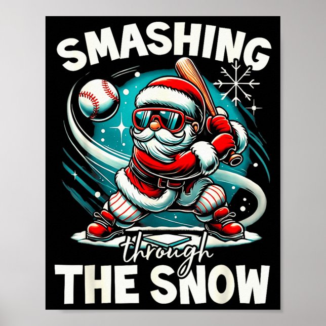 Affiche Joueur de baseball Noël Santa, Écrasant à travers  (Devant)