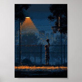 Affiche Joueur de basket-ball nocturne sous un lampadaire