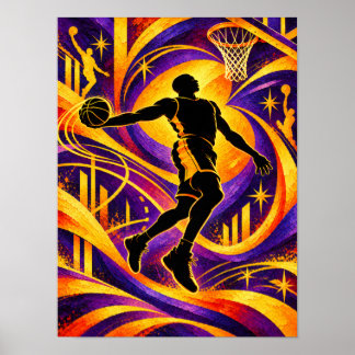 Affiche Joueur de basket-ball tirant au cerceau silhouette