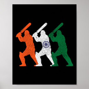 Affiche Joueur de cricket Drapeau indien Vintage Inde Cric