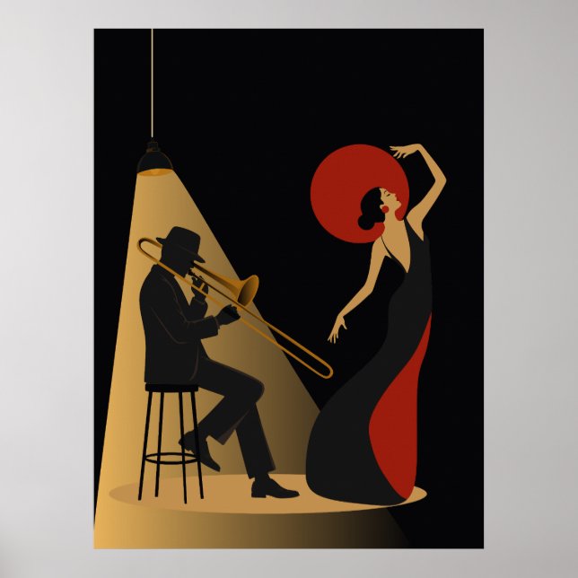 Affiche Joueur de trombone et danseuse | Musique Noir (Devant)