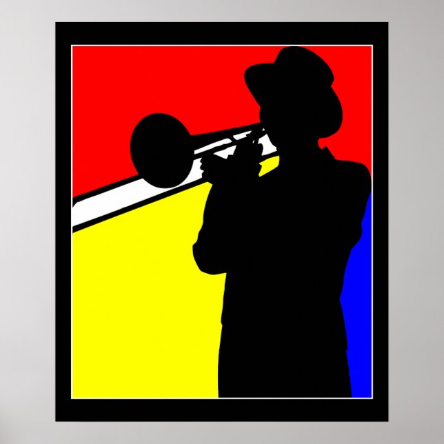Affiche Joueur en trombone en silhouette, art mondrien 20" (Devant)