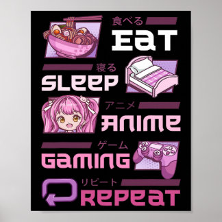 Affiche Joueur Jeux Vidéo Drôle Manger Dormir Anime Jeux