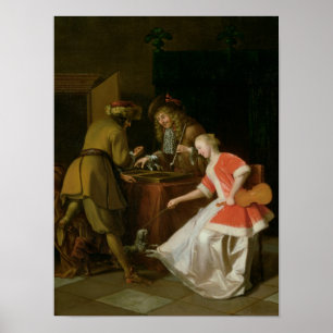 Affiche Joueurs de Tric-Trac avec une dame et son chien