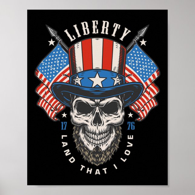 Affiche Jour 4 Juillet Drapeau américain Liberty Crâne (Devant)