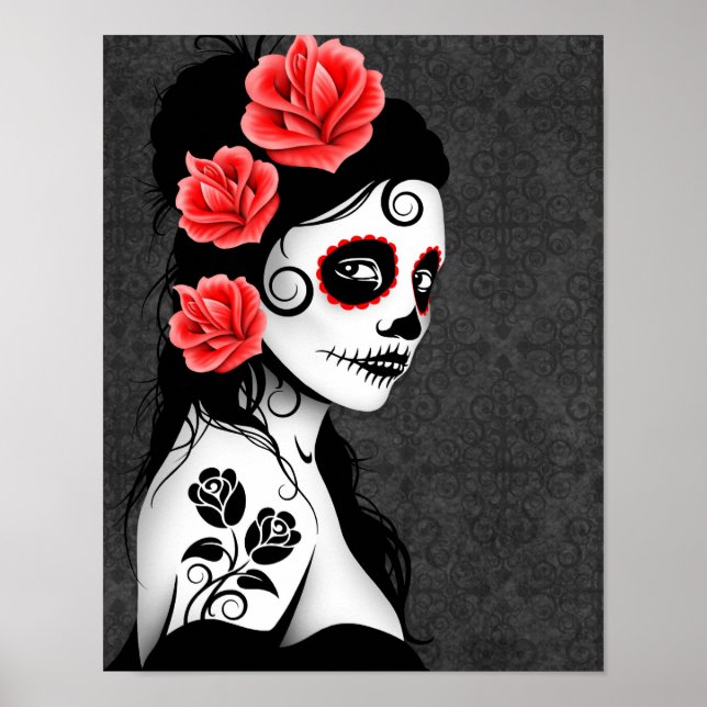 Affiche Jour de la fille crâne de sucre mort - gris (Devant)
