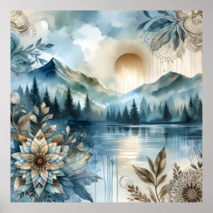 Affiche Jour de la pluie Aquarelle Mountain Lake Boho rust