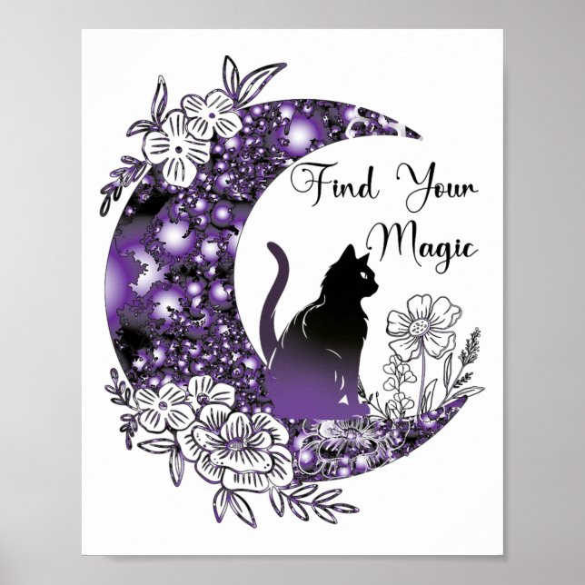 Affiche Jour Graphique Mystique Céleste Noir Chat Lune (Devant)