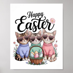 Affiche Jour Pâques mignonne Chat Lapin Oreilles OEufs Gra
