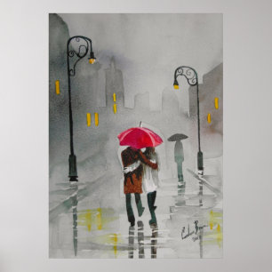 Affiche Jour pluvieux automne parapluie rouge couple roman