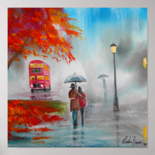 Affiche Jour pluvieux automne rouge bus peinture parapluie