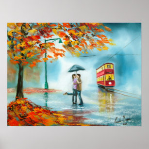 Affiche Jour pluvieux automne tram rouge parapluie romanti