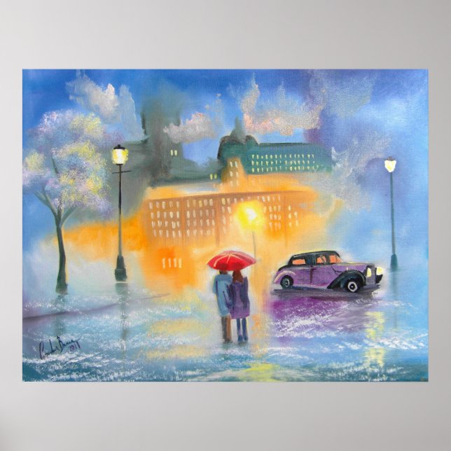 Affiche Jour pluvieux rouge parapluie romantique couple ma (Devant)