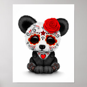 Affiche Jour rouge du panda crâne de sucre mort sur blanc