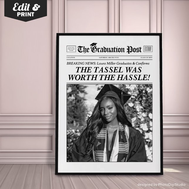 Affiche Journal de fin d'études personnalisé, fête de fin  (Custom Graduation Newspaper Print, Personalized Grad Gift, Fun Tassel Quote)