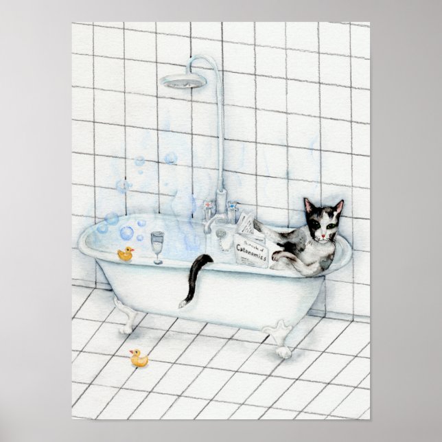 Affiche Journal de lecture de chat dans la baignoire (Devant)