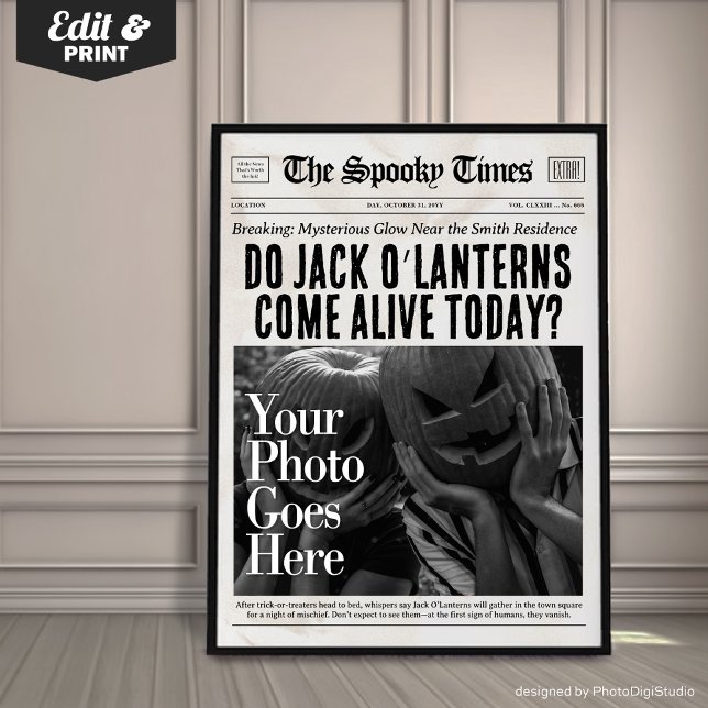 Affiche Journal mural personnalisé pour Halloween Jack O'L (Custom Halloween Newspaper Wall Art Jack O'Lantern | newspaper wall art | fun halloween print)