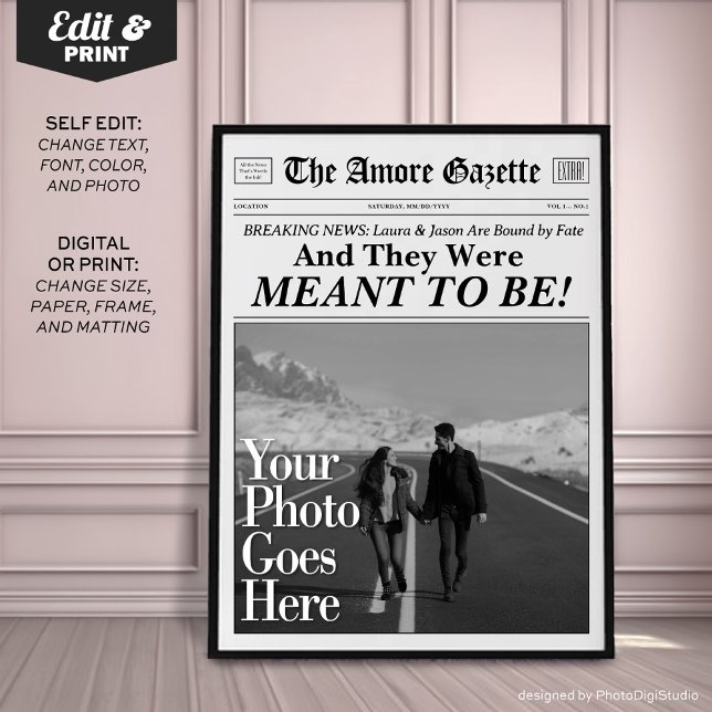 Affiche Journal personnalisé Couples Imprimer 'Signifie êt (Personalized Couples Newspaper Print 'And they Were Meant to Be')