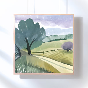 Affiche Journée pluvieuse Paysage de collines aquarelles