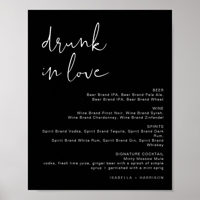 Affiche JOVI Edgy Black Drunk in Love Bar Menu Sign (Devant)