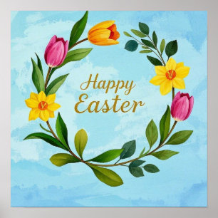 Affiche Joyeuse couronne d'aquarelle de Pâques tulipes