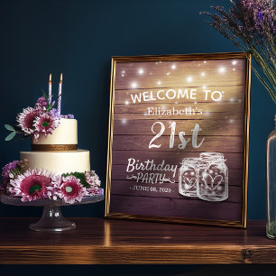 Affiche Joyeuse fête d'anniversaire Wood Mason Jar Lumière
