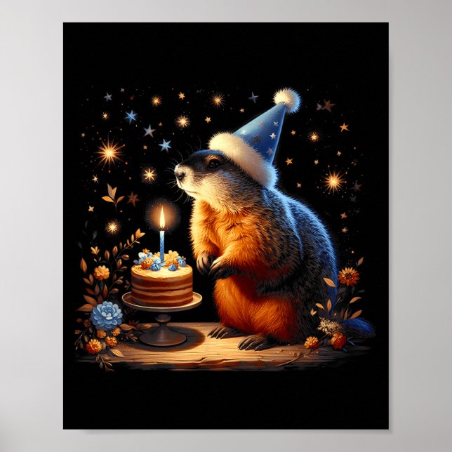 Affiche Joyeuse fête de la marmotte avec gâteau d'annivers (Devant)