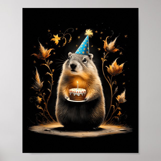 Affiche Joyeuse fête de la marmotte avec gâteau d'annivers (Devant)