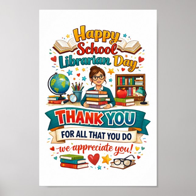 Affiche Joyeuse fête des bibliothécaires scolaires | Merci (Devant)