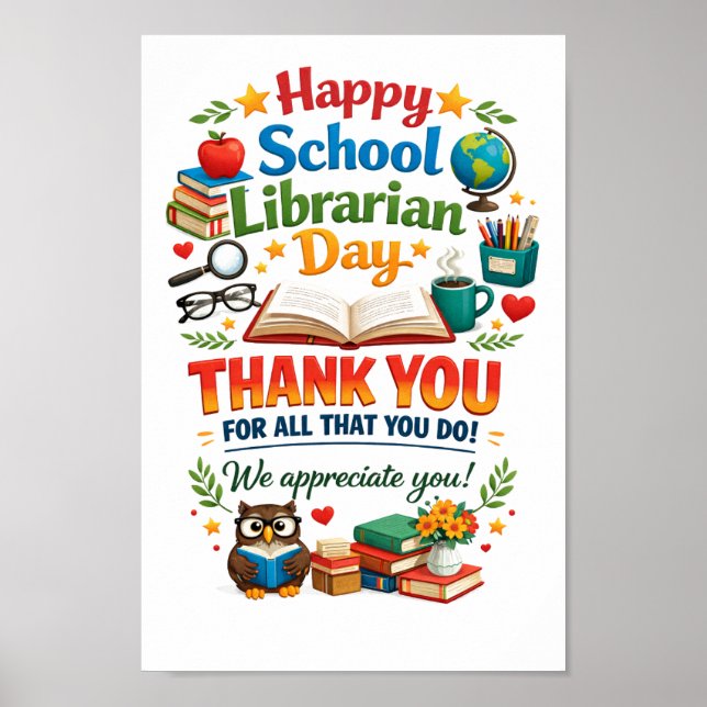 Affiche Joyeuse fête des bibliothécaires scolaires | Merci (Devant)