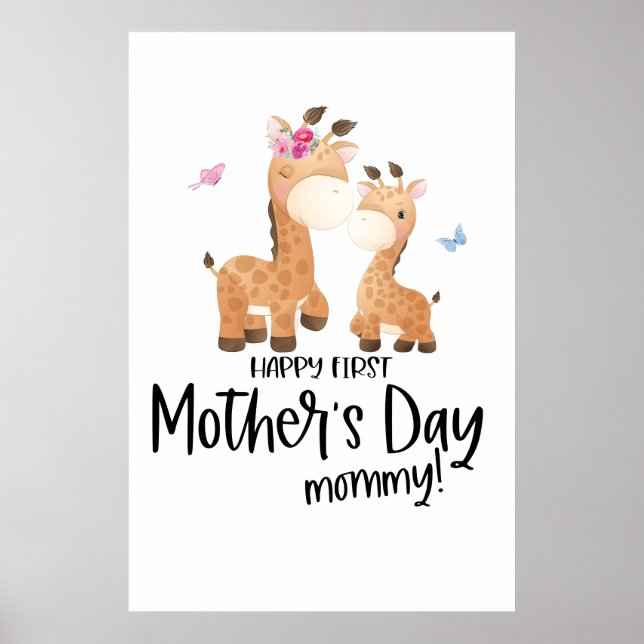 Affiche Joyeuse fête des mères 🦒 Giraffe + Papillons (Devant)