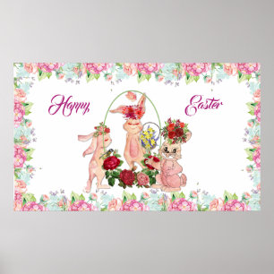 Affiche Joyeuse Pâques 3 Bunny Aquarelle rose bleu floral