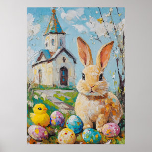 Affiche Joyeuse Pâques mignonne Bunny Chick Peinture Eglis