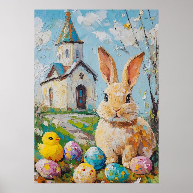 Affiche Joyeuse Pâques mignonne Bunny Chick Peinture Eglis (Devant)