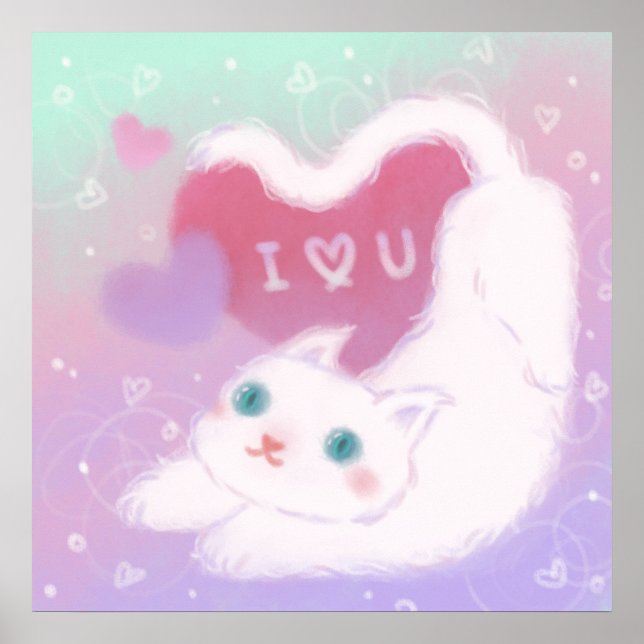 Affiche Joyeuse Saint-Valentin avec chat blanc duveteux (Devant)