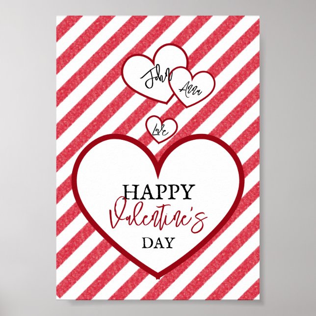 Affiche Joyeuse Saint-Valentin Cœurs Rouges Rayures de Cra (Devant)