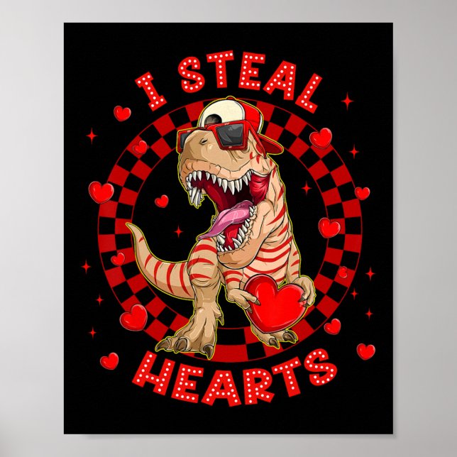 Affiche Joyeuse Saint-Valentin Je vole des cœurs Trex Dino (Devant)