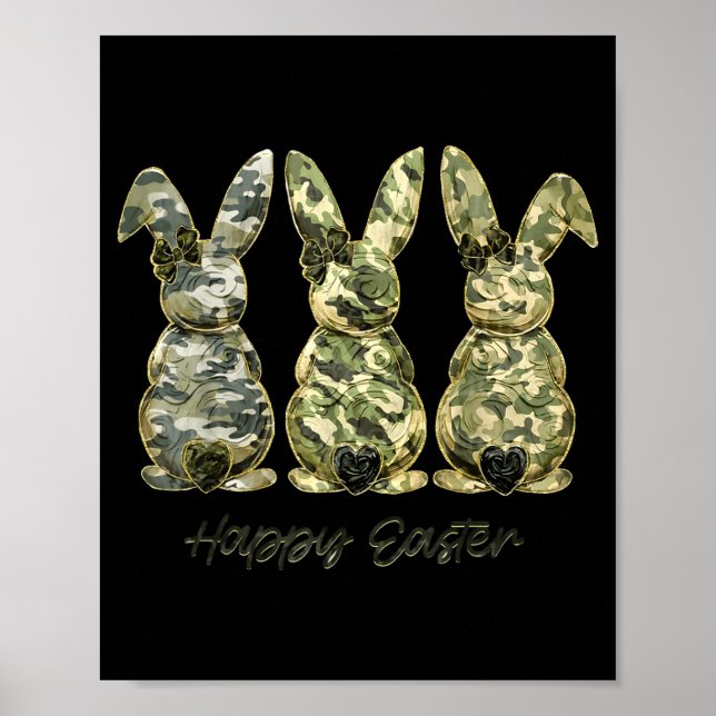 Affiche Joyeuses Pâques Camouflage Lapin Coquette Nœud (Devant)