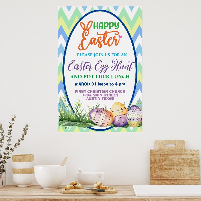 Affiche Joyeuses Pâques, chasse aux œufs et buffet (Cuisine)