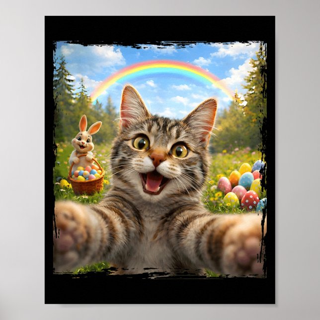 Affiche Joyeuses Pâques Chat Drôle Selfie Avec Lapin de Pâ (Devant)