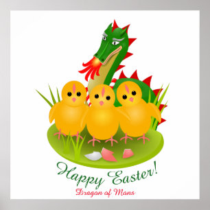 Affiche Joyeuses Pâques de trois poussins et Dragon de Mon