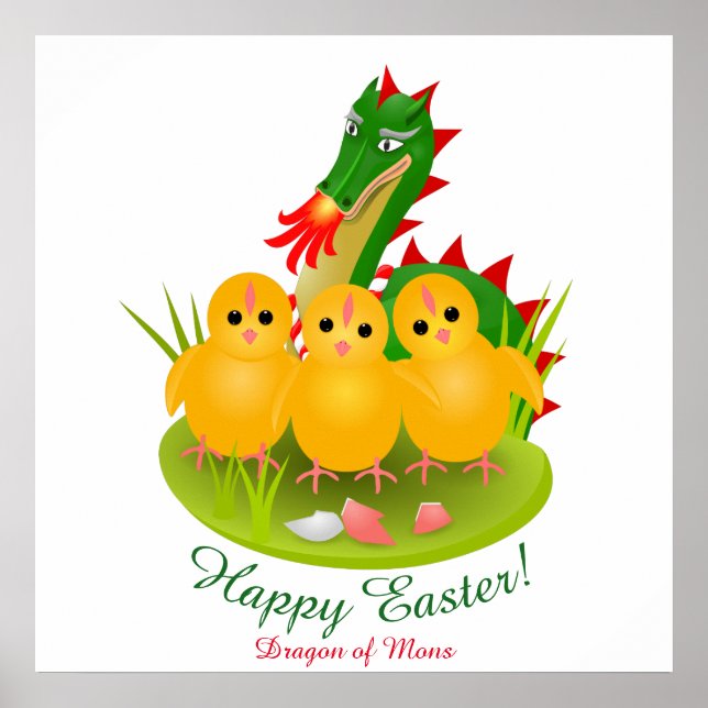 Affiche Joyeuses Pâques de trois poussins et Dragon de Mon (Devant)