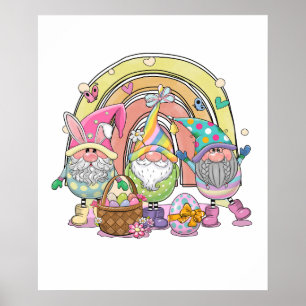 Affiche joyeuses Pâques gnomes arc-en-ciel, rétro, vintage