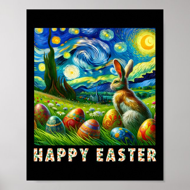 Affiche Joyeuses Pâques Lapin et Œufs Style Van Gogh  (Devant)