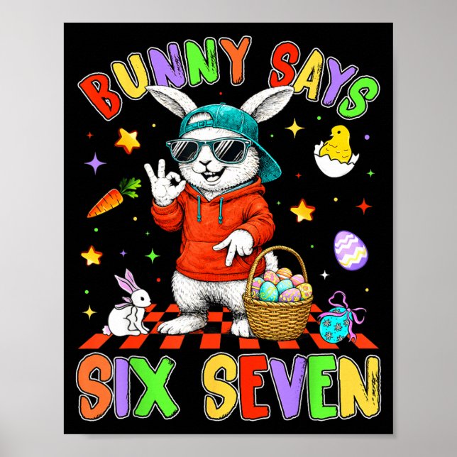 Affiche Joyeuses Pâques Lapin Mignon Dit Six Sept 6 7 Meme (Devant)