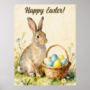 Affiche Joyeuses Pâques Lapin Vintage avec Panier d'Oeufs