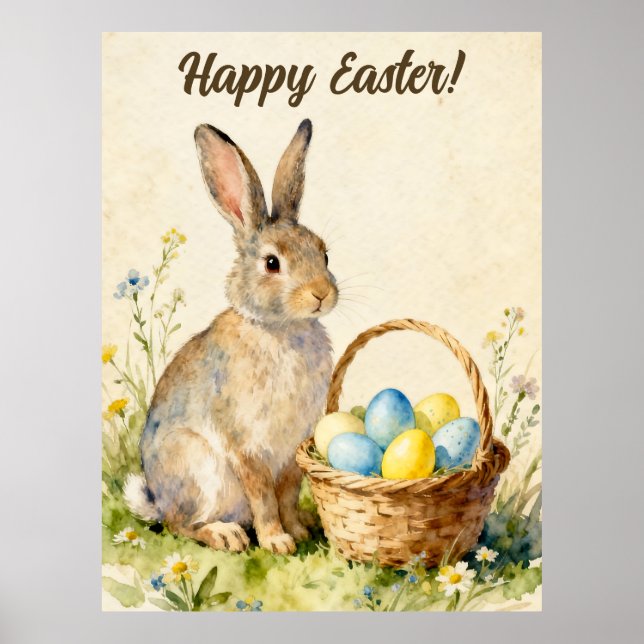 Affiche Joyeuses Pâques Lapin Vintage avec Panier d'Oeufs (Devant)