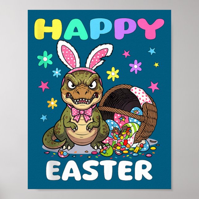 Affiche Joyeuses Pâques t rex dinosaure bonbons noeud lapi (Devant)