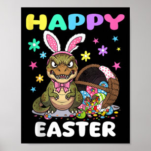 Affiche Joyeuses Pâques T Rex dinosaure bonbons nœud lapin